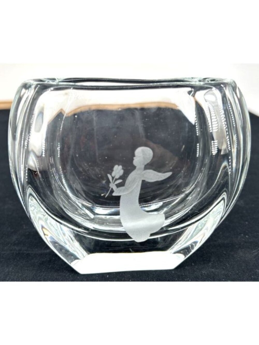 Orrefors Crystal Vase Etched Angel Girl with Flowers 4" Vtg